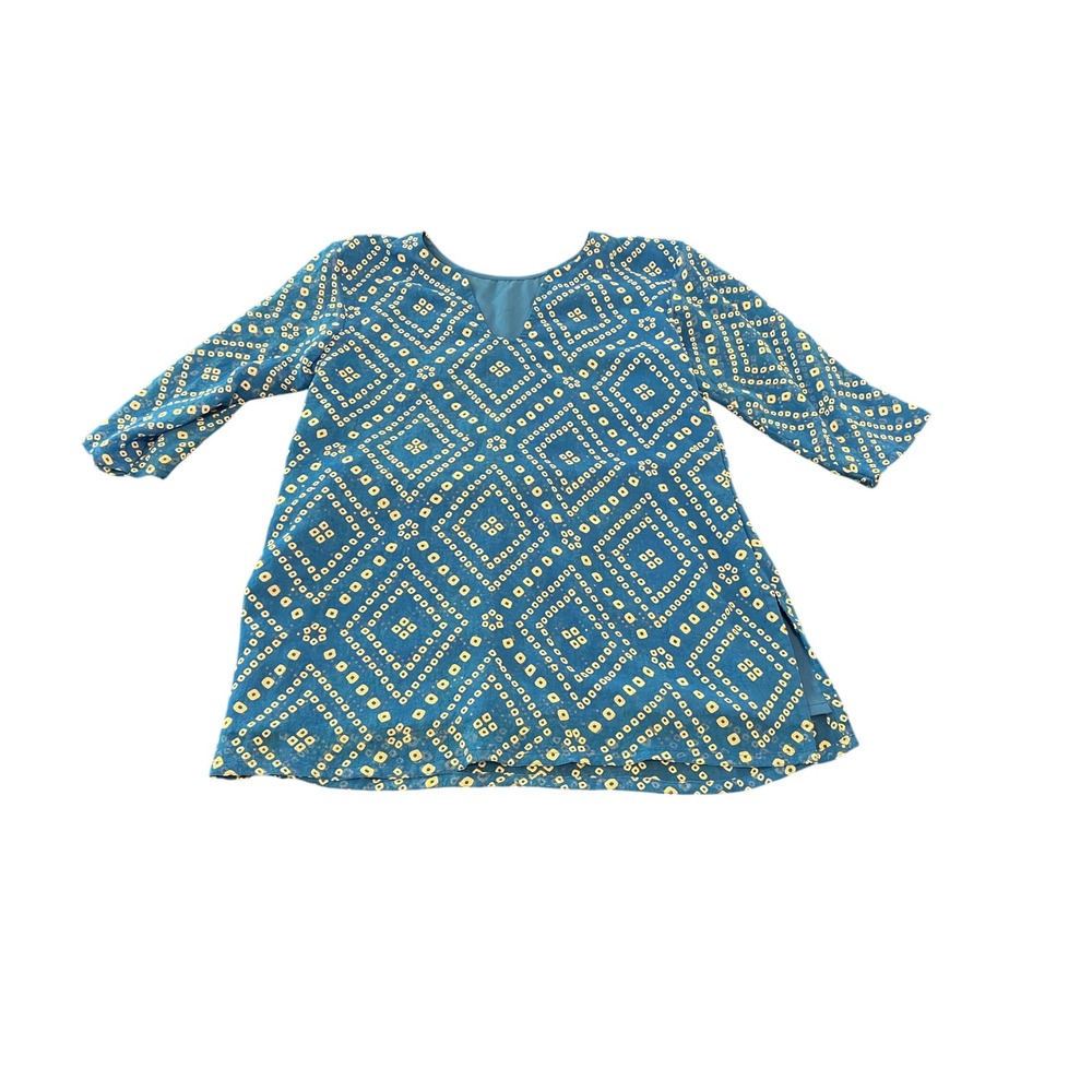 Blue Bandhani Geometric Diamond Print 3/4 Sleeve Lined Tunic Top V-Neck
